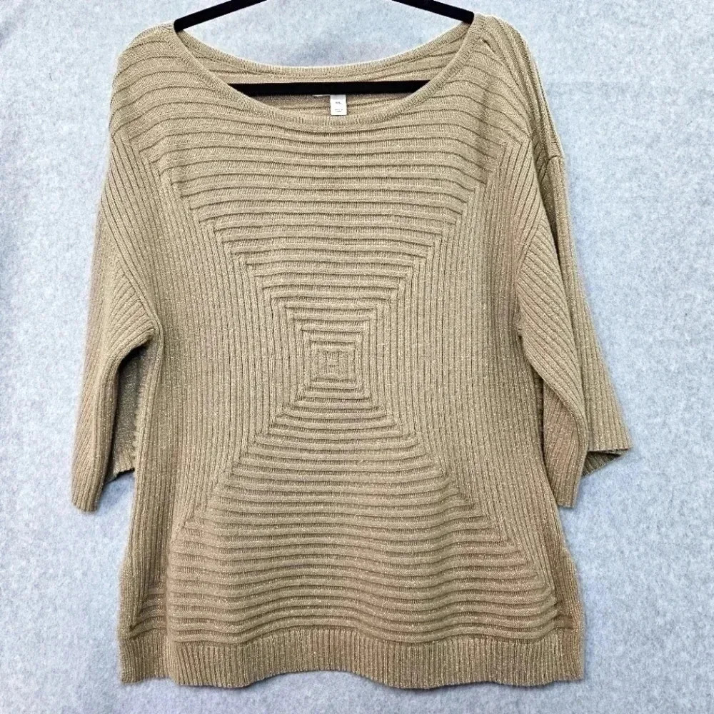 Dana Buchman Gold Shimmer Sweater 3/4‎ Sleeve Split Hem Size XL
